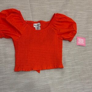 Rare Editions Scarlet Smocked Puff Sleeve Top